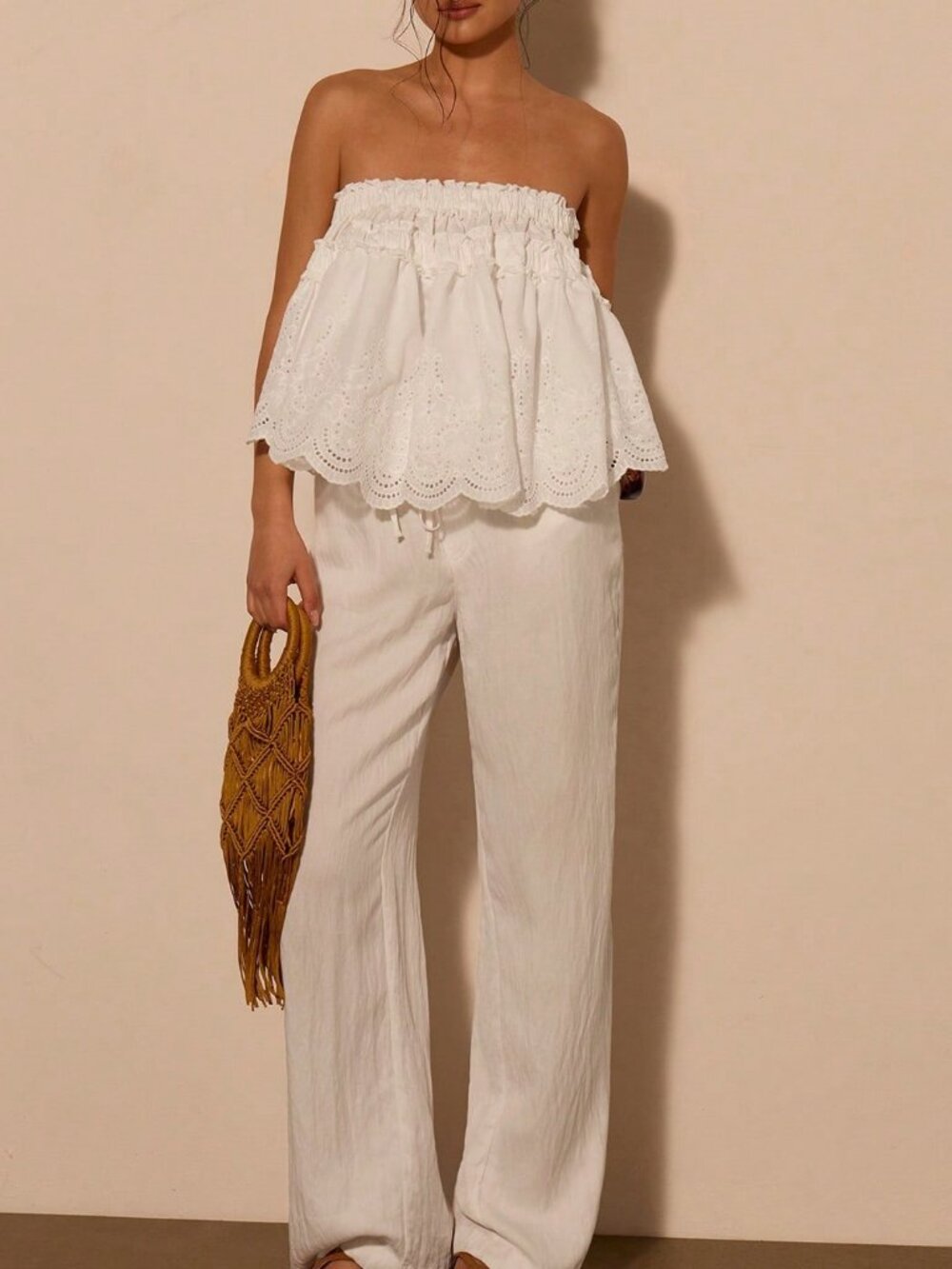 White Boho Women's Ruffle Embroidered Tube Top – - Picture 3 of 5